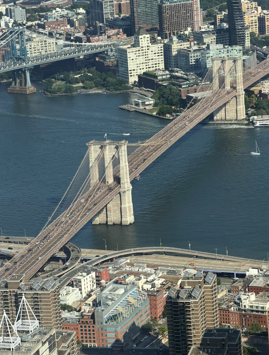 Aerial view of the Brooklyn Bridge over the East River